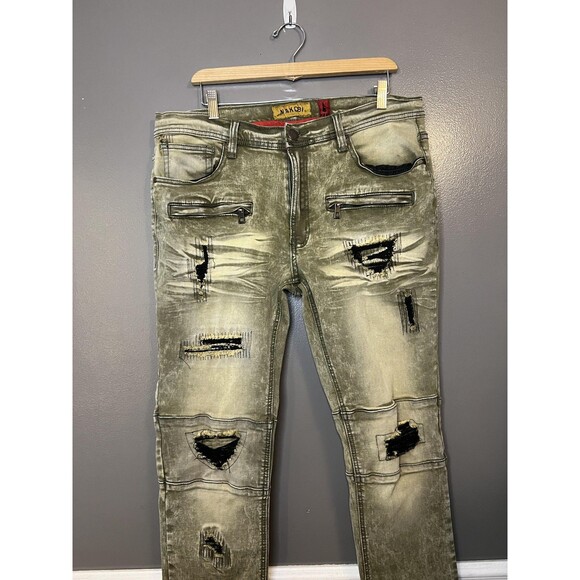 Makobi Jeans Mens 36x32 Olive Green Distressed Moto Zipper Pockets Style M1794 - Picture 1 of 13